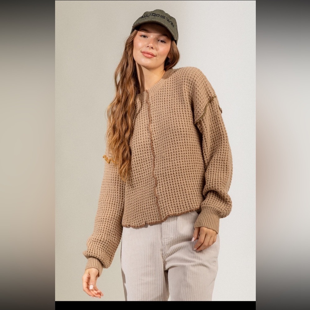 Very J Mocha Stitch Detail Casual Round Neck Sweater - Picture 2 of 6